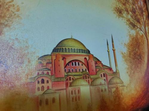 Metin Ateş Aya Sofya Yağlı Boya Tablo - Çerçeveli Altın varaklı Eser