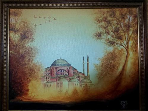 Metin Ateş Aya Sofya Yağlı Boya Tablo - Çerçeveli Altın varaklı Eser