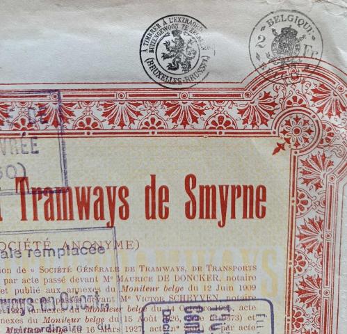 1909 kuruluşlu Belçika Sermayeli Electricité et Tramvays de Smyrne, İzmir Tramvay, Ulaşım ve Elektrik Genel Şirketi, 1 hisse  500 Frank.