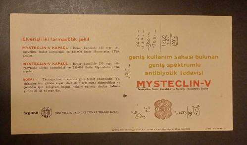 1950'ler, Squibb - Mysteclin-V İlaç Reklamı ve Tanıtım Broşürü, 1 Kuruşluk Matbu Damgalı - Tıp tarihi Efemera