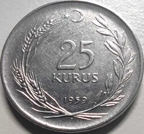 Türkiye Cumhuriyeti 1959 25 Kuruş - TC Ters - Çelik Madeni Para