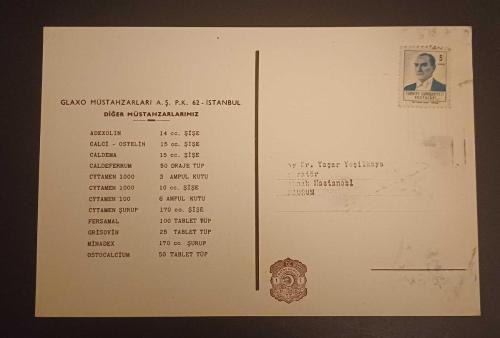 1950'ler Glaxo Müstahzarları Ostelin Ampul Büyük Boy İlaç Reklamı Tanıtım Kartı, Pullu ve Matbu Damgalı ; Tıp Tarihi Efemera