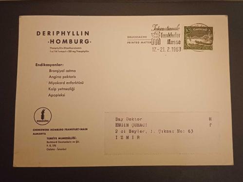 1963 Almanya Baskısı Deriphyllin Kalp İlaç Reklamı, Alman Posta Pullu ve Frankfurt Fuar Damgalı ; İzmir / 2. Beyler Adresli / Tıp Tarihi Efemera