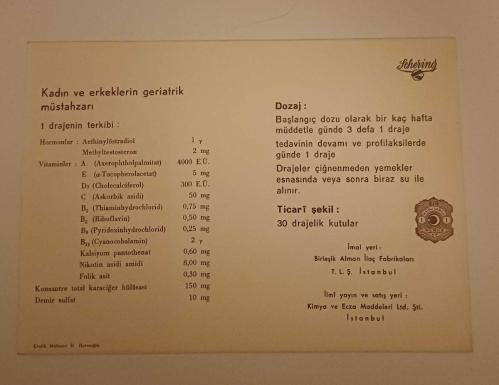 1950ler Schering - Primogeron Geriatrik İlaç Reklamı, 1 Kuruşluk Matbu Damgalı  / Tıp tarihi, geriatri (yaşlılık hekimliği) Efemera