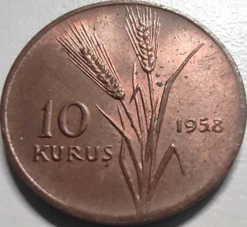 Türkiye Cumhuriyeti 10 Kuruş 1958 - Çil - Az Bulunan Nadir Alüminyum-Bronz Madeni Para