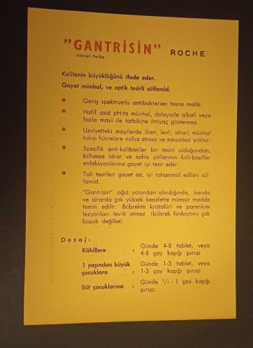 1950ler Roche - Gantrisin Sülfamid İlaç Reklamı, 1 Kuruşluk T.C. Matbu Damgalı / Tıp tarihi, Efemera
