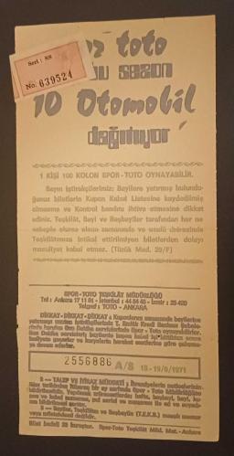 1971 Orijinal Spor Toto Kuponu ; Spor Tarihi ve Şans Oyunları Efemera