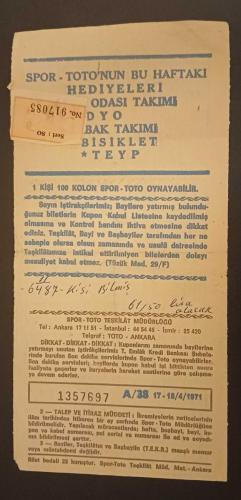 1971 Orijinal Spor Toto Kuponu ; Spor Tarihi ve Şans Oyunları Efemera