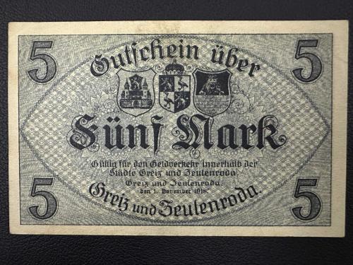 Cities of Greiz and Zeulenroda, Almanya 5 Mark 1918. Çil-  Notgeld