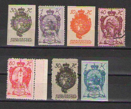 Liechtenstein 1920 Armalı Dantelli-Dantelsiz Pul Lotu / Heller-Kronen / 7 Adet - MNH ve Şarniyerli karışık