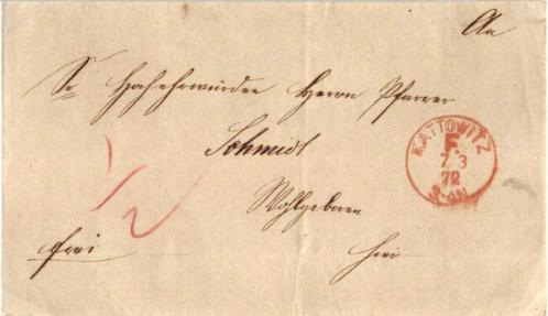 7 MART 1872 KATTOWİTZ POSTA DAMGALI KAĞIT