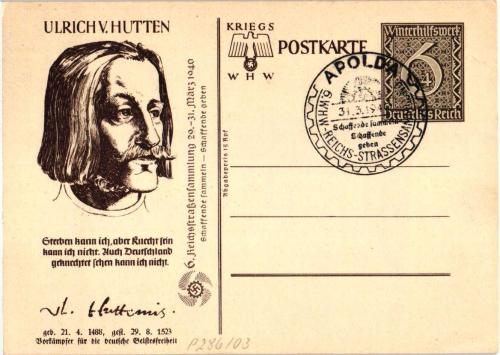 1940 ALMANYA ULRICH V. HUTTEN NAZİ GAMALI HAÇLI APOLDA İLK GÜN DAMGALI SAVAŞ POSTA KARTI