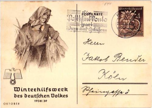 1938 ALMANYA KIŞ YARDIMI SAVAŞ POSTA KARTI NAZİ GAMALI HAÇLI