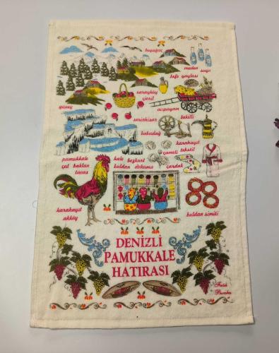 LOT.19 » Denizli Pamukkale Havlu - Denizli Horozu - Travertenler Temalı Mutfak Havlusu - Pamukkale Hediyelik --- 001
