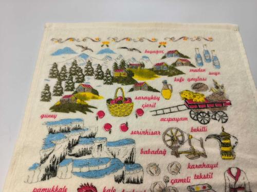 Denizli Pamukkale Havlu - Denizli Horozu - Travertenler Temalı Mutfak Havlusu - Pamukkale Hediyelik --- 001