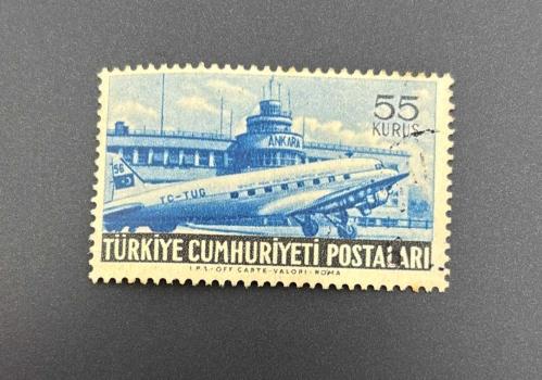 Türk Pulu - Turkish Stamp - Postadan Geçmiş Pul Filateli - DAMGALI -  ANKARA HAVALİMANI VE UÇAK TEMALI PUL , 55 KURUŞ - Türkiye Cumhuriyeti - NOSTALJİK DOĞUM GÜNÜ HEDİYESİ