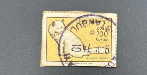 Türk Pulu - Turkish Stamp - Postadan Geçmiş Pul Filateli - 1974 DAMGALI - ANKARA KEDİSİ TEMALI PUL , 100 KURUŞ - Türkiye Cumhuriyeti - NOSTALJİK DOĞUM GÜNÜ HEDİYESİ -1973