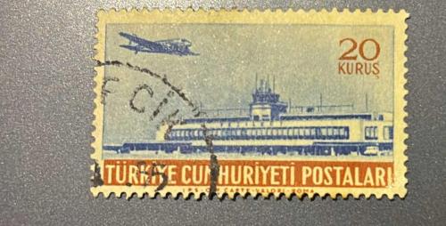 Türk Pulu - Turkish Stamp - Postadan Geçmiş Pul Filateli - 1955 DAMGALI - YEŞİLKÖY HAVALİMANI VE UÇAK TEMALI PUL , 20 KURUŞ - Türkiye Cumhuriyeti - NOSTALJİK DOĞUM GÜNÜ HEDİYESİ