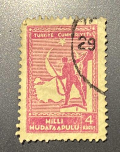 Türk Pulu - Turkish Stamp - Postadan Geçmiş Pul Filateli - DAMGALI - MİLLİ  MÜDAFAA TEMALI PUL , 4 KURUŞ - Türkiye Cumhuriyeti - NOSTALJİK DOĞUM GÜNÜ HEDİYESİ