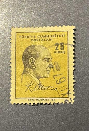 Türk Pulu - Turkish Stamp - Postadan Geçmiş Pul Filateli - 1967 DAMGALI - ATATÜRK TEMALI PUL , 25 KURUŞ - Türkiye Cumhuriyeti - NOSTALJİK DOĞUM GÜNÜ HEDİYESİ