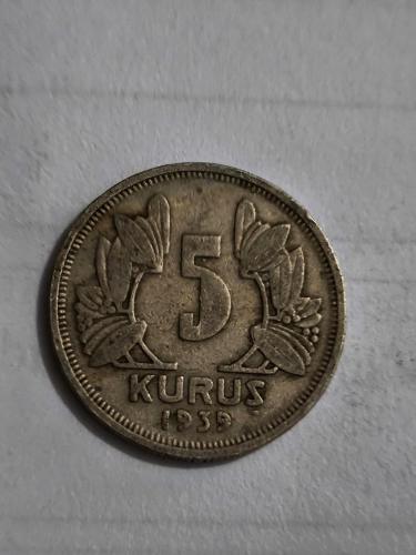 1939  Nikel 5 Kuruş Cumhuriyet Madeni Para