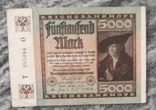 100 SENELİK -1922 D REİCH KAĞIT PARALAR 5 ADET 10 -50 mark 1000 5000 20000 BİN MARK