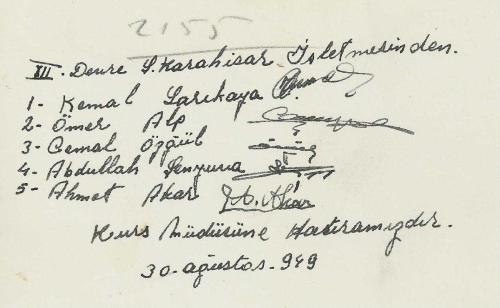 30 AĞUSTOS 1949 GÜNÜ III.DEVRE ŞEBİNKARAHİSAR İŞLETMESİNDEN KURS MÜDÜRÜNE İMZALI HATIRA FOTOĞRAFI...
