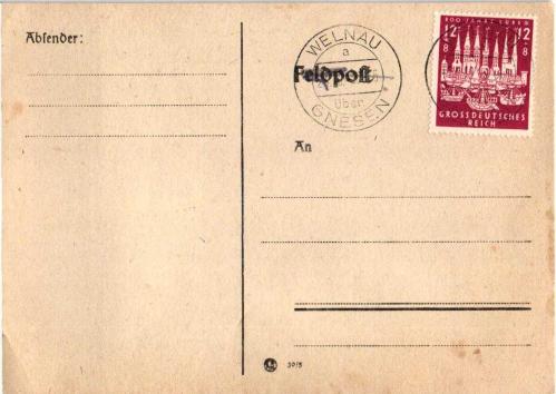ALMAN İMPARATORLUĞU 1945 Lübeck şehrinin 800. yılı WELNAU DAMGALI ASKERİ POSTA KARTI