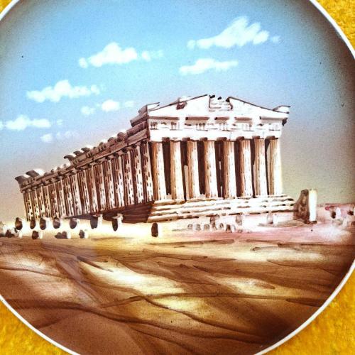 VINTAGE EL BOYAMA ATİNA PARTHENON TAPINAĞI TEMALI SERAMİK TABAK ÇAP 26 cm