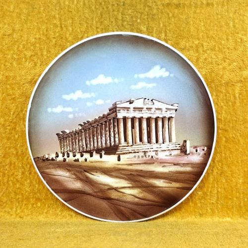 VINTAGE EL BOYAMA ATİNA PARTHENON TAPINAĞI TEMALI SERAMİK TABAK ÇAP 26 cm