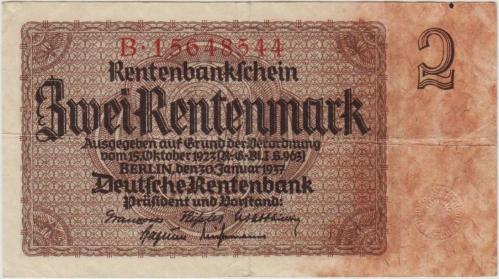 ALMANYA 2 RENTENMARK 1937 NAZİ DÖNEMİ. ÇOK TEMİZ.