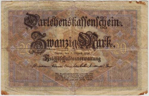ALMANYA 20 MARK 1914 I. DÜNYA SAVAŞI DÖNEMİ. TEMİZ+