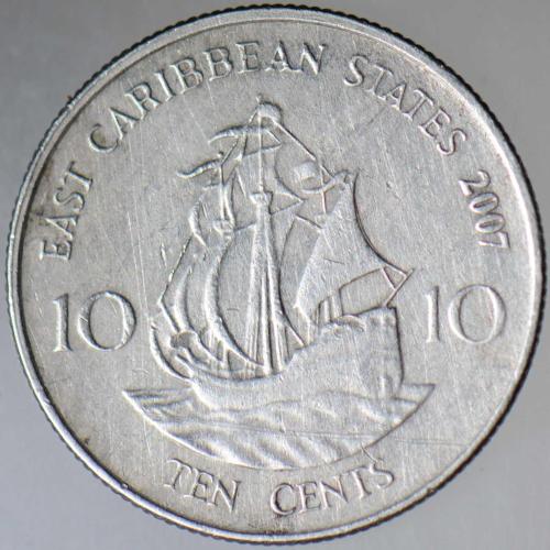 DOĞU KARAYİPLER 10 CENT 2007 KRALİÇE II. ELİZABETH-YELKENLİ GEMİ.