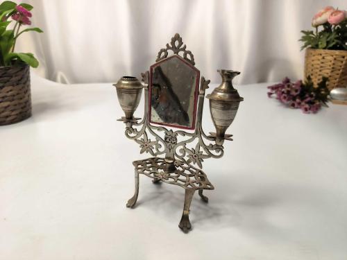 LOT.11 » Antika Aynalı Makyaj Aynası - Pirinç Sürmedan - Eski Makyaj Masası Seti - Gümüş Renkli -  BÜYÜK BOY