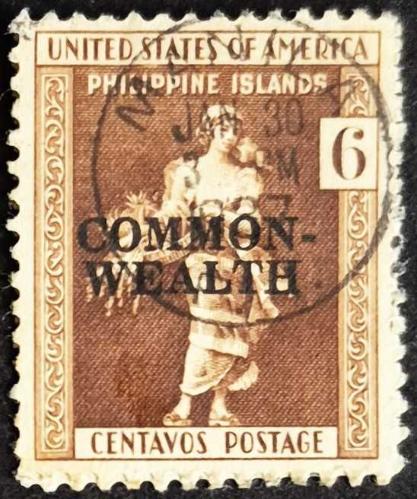 +++ AMERİKA FİLİPİNLER , FİLİPİNLİ KADIN      1935   6C COMMON-WEALTH SÜRŞARJLI    - DAMGALI