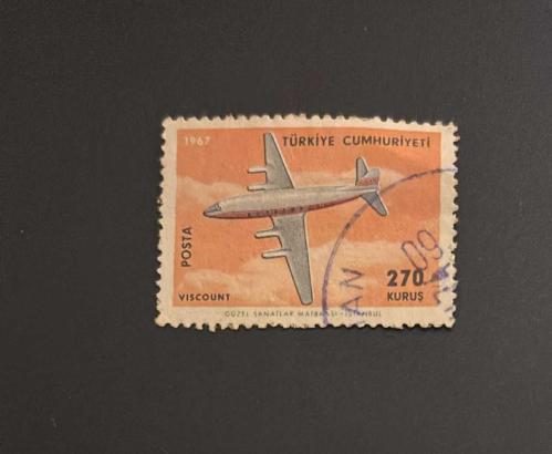 Türk Pulu - Turkish Stamp - Postadan Geçmiş Pul Filateli - 1960 DAMGALI - UÇAK TEMALI PUL , 270 KURUŞ - Türkiye Cumhuriyeti - NOSTALJİK DOĞUM GÜNÜ HEDİYESİ-1967