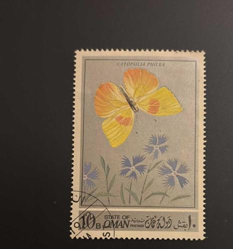 Umman Pulu - Oman Stamp - Postadan Geçmiş Pul Filateli - 1972 Damgalı - Turuncu Çizgili Sülfür Kelebeği Temalı Pul , 10 PARA - YABANCI PULLAR-NOSTALJİK DOĞUM GÜNÜ HEDİYESİ