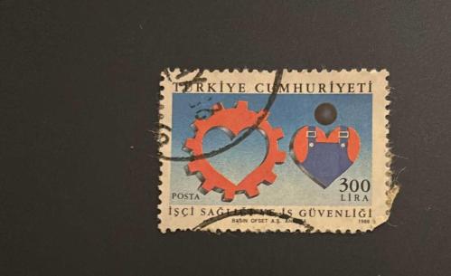 Türk Pulu - Turkish Stamp - Postadan Geçmiş Pul Filateli -DAMGALI -  İŞÇİ SAĞLIĞI VE İŞ GÜVENLİĞİ TEMALI PUL 1988 , 300 LİRA - TÜRKİYE CUMHURİYETİ, NOSTALJİK DOĞUM GÜNÜ HEDİYESİ