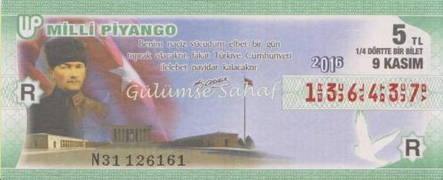 LOT.5 » Milli Piyango Bileti: 9 Kasım 2016, R, (1/4) Dörtte Bir Bilet
