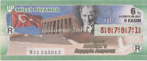 LOT.10 » Milli Piyango Bileti: 9 Kasım 2017, R, (1/4) Dörtte Bir Bilet