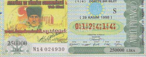 LOT.12 » Milli Piyango Bileti: 29 Kasım 1998, S, (1/4) Dörtte Bir Bilet