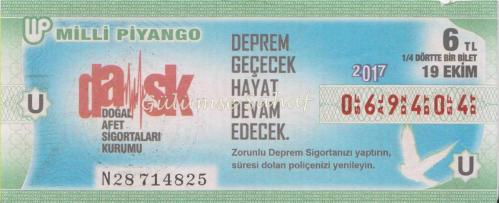 Milli Piyango Bileti: 19 Ekim 2017, U, (1/4) Dörtte Bir Bilet / DASK