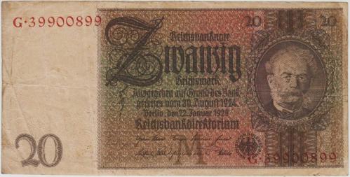 ALMANYA 20 MARK 1929 M/G SERİSİ NAZİ-HİTLER DÖNEMİ 1931-48 ARASI KULLANILMIŞTIR. ÇOK TEMİZ.