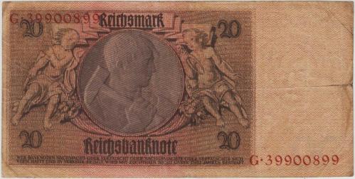 ALMANYA 20 MARK 1929 M/G SERİSİ NAZİ-HİTLER DÖNEMİ 1931-48 ARASI KULLANILMIŞTIR. ÇOK TEMİZ.