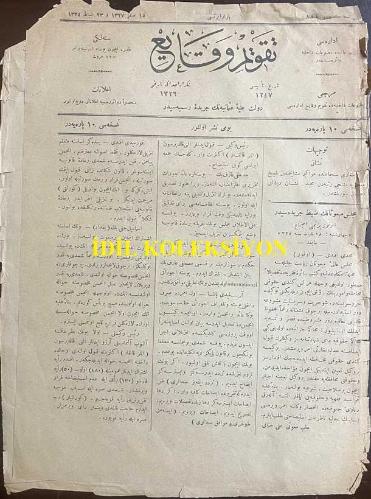 Osmanlıca Takvim-i Vekayi Gazetesi, Orijinal Dönem Basım, (Ottoman Newspaper) Devlet-i Aliyye-i Osmaniye'nin Ceride-i Resmiyesidir - 8 Mart 1909 - Sayı: 144 - Rumi: 23 Şubat 1324 - Hicri: 15 Safer 1327 - Meclis-i Mebusan'ın Zabıt Ceridesidir: Otuz Birinci İctima 18 Şubat Sene 324 - Mevad-ı Umumiye: Meclis-i Mebusan'ın Resm-i Küşadında Zat-ı Hazret-i Padişahi Tarafından İrad Buyrulan Nutk-ı Hümayuna Cevaben Meclis-i Mebusan Tarafından Tanzim ve Takdim Edilen ve Umum Bilad-ı Osmaniye'de Talik ve Tamimine Karar Verilip Bi'l-Umum Devair-i Resmiyeye Talik Ettirilmek Üzere Meclis-i Mezkur Riyaset-i Aliyesinden Taraf-ı Sami-i Sadaret-Penahiye Ba-Tezkire Tesyar Edilip Tevdi Buyurulan Ariza-i Teşekküriyeden Münasip Miktar Nüsha Merkez Vilayet ve Mülhakatında Bi'l-Umum Devair-i Resmiye ve Belediyeye Talik Ettirilmek Üzere Dahiliye Nezaret-i Celilesinden Vilayata İrsal Buyrulmuştur