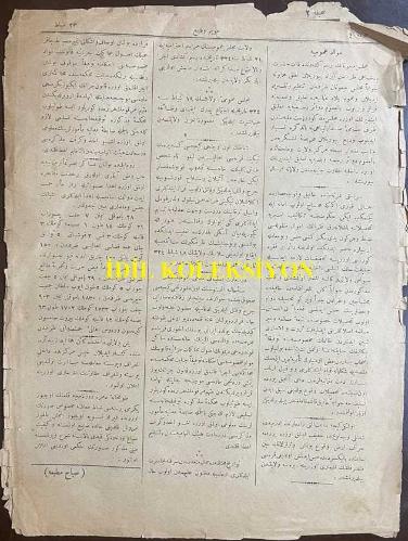 Osmanlıca Takvim-i Vekayi Gazetesi, Orijinal Dönem Basım, (Ottoman Newspaper) Devlet-i Aliyye-i Osmaniye'nin Ceride-i Resmiyesidir - 8 Mart 1909 - Sayı: 144 - Rumi: 23 Şubat 1324 - Hicri: 15 Safer 1327 - Meclis-i Mebusan'ın Zabıt Ceridesidir: Otuz Birinci İctima 18 Şubat Sene 324 - Mevad-ı Umumiye: Meclis-i Mebusan'ın Resm-i Küşadında Zat-ı Hazret-i Padişahi Tarafından İrad Buyrulan Nutk-ı Hümayuna Cevaben Meclis-i Mebusan Tarafından Tanzim ve Takdim Edilen ve Umum Bilad-ı Osmaniye'de Talik ve Tamimine Karar Verilip Bi'l-Umum Devair-i Resmiyeye Talik Ettirilmek Üzere Meclis-i Mezkur Riyaset-i Aliyesinden Taraf-ı Sami-i Sadaret-Penahiye Ba-Tezkire Tesyar Edilip Tevdi Buyurulan Ariza-i Teşekküriyeden Münasip Miktar Nüsha Merkez Vilayet ve Mülhakatında Bi'l-Umum Devair-i Resmiye ve Belediyeye Talik Ettirilmek Üzere Dahiliye Nezaret-i Celilesinden Vilayata İrsal Buyrulmuştur