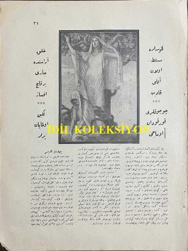 Osmanlıca Resimli Ay Dergisi, Orijinal Dönem Basım, (Ottoman Magazine) - 1 Mart 1924 - Sayı: 12 - 'Kafamızdaki Düşüncemizi Nasıl Buluyorlar?' - 'Maymundan Sonra da Dünyada Yaşayan İlk İnsan' Son Seneler Zarfında Yapılan Tetkikat İlk İnsanların Nerelerde ve Nasıl Yaşadıklarını İzah Eden Yeni Vesikalar Meydana Çıkarmıştır. İlk İnsan Maymundan da Bugünkü İnsandan da Farklı Bir Şeydir' - (Resim) Cenubi Afrika'da Buldukları Bir Başa Nazaran Yapılan Bu Resim, İlk İnsanın Yani İlk Babalarımızın Şeklini Gösterir - (Fotoğraf) Cenubi Afrika'da Bulunan ve İlk İnsana Ait Olduğu İddia Edilen Baş İskeletinin Fotoğrafisi - 'Delik Budalası' Muharriri: Hakkı Süha - Türkiye'ye Bedii Dansları İlk Defa Getiren Türk Kadını: Bedii Dansı Şimdiye Kadar Memleketimiz Tanımamıştı. Onu İlk Defa Türkiye'ye Getirmeye Teşebbüs Eden Selma Hanım Oldu. Raksın Hareketle Heyecanlarımızı İfade Eden Bir Vasıta Olduğunu İlk Defa O Anladı (Fotoğraf) Abdülhak Hamit Bey'in Hafidesi Adile Hanım Bedii Danslarından Birinde