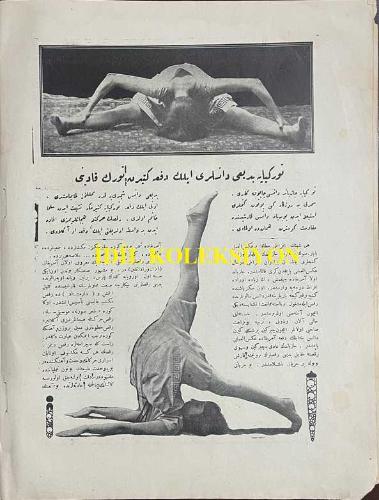 Osmanlıca Resimli Ay Dergisi, Orijinal Dönem Basım, (Ottoman Magazine) - 1 Mart 1924 - Sayı: 12 - 'Kafamızdaki Düşüncemizi Nasıl Buluyorlar?' - 'Maymundan Sonra da Dünyada Yaşayan İlk İnsan' Son Seneler Zarfında Yapılan Tetkikat İlk İnsanların Nerelerde ve Nasıl Yaşadıklarını İzah Eden Yeni Vesikalar Meydana Çıkarmıştır. İlk İnsan Maymundan da Bugünkü İnsandan da Farklı Bir Şeydir' - (Resim) Cenubi Afrika'da Buldukları Bir Başa Nazaran Yapılan Bu Resim, İlk İnsanın Yani İlk Babalarımızın Şeklini Gösterir - (Fotoğraf) Cenubi Afrika'da Bulunan ve İlk İnsana Ait Olduğu İddia Edilen Baş İskeletinin Fotoğrafisi - 'Delik Budalası' Muharriri: Hakkı Süha - Türkiye'ye Bedii Dansları İlk Defa Getiren Türk Kadını: Bedii Dansı Şimdiye Kadar Memleketimiz Tanımamıştı. Onu İlk Defa Türkiye'ye Getirmeye Teşebbüs Eden Selma Hanım Oldu. Raksın Hareketle Heyecanlarımızı İfade Eden Bir Vasıta Olduğunu İlk Defa O Anladı (Fotoğraf) Abdülhak Hamit Bey'in Hafidesi Adile Hanım Bedii Danslarından Birinde