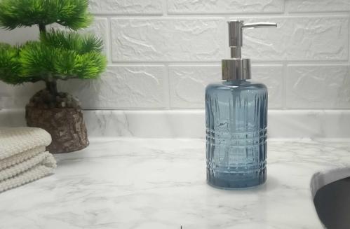 CAM SIVI SABUNLUK,KRİSTAL DESENLİ MAVİ 300ML  BANYO SETİ  6,8X17,6CM