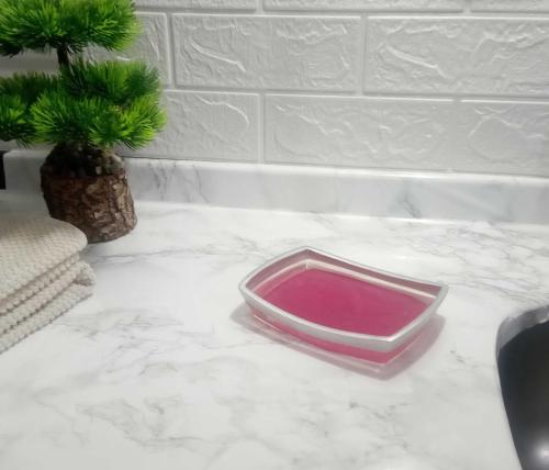 SABUNLUK GRİ PEMBE POLİRESİN 14X10X2CM BANYO SETİ